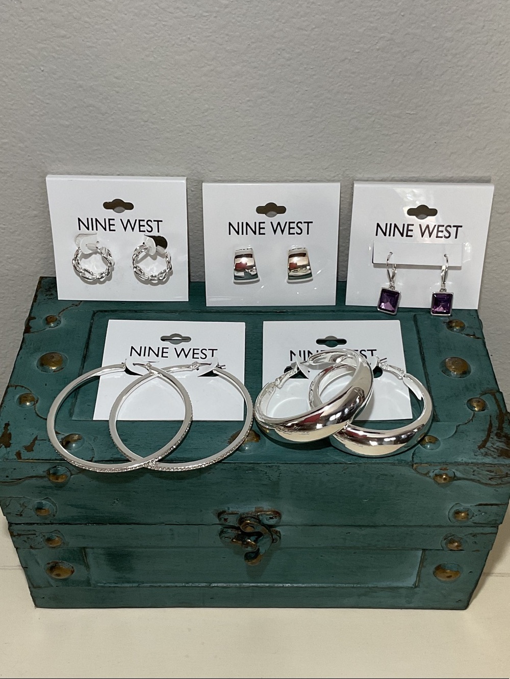 Nine West Silver Earrings Set – Mixed Hoop, Stud & Drop Styles